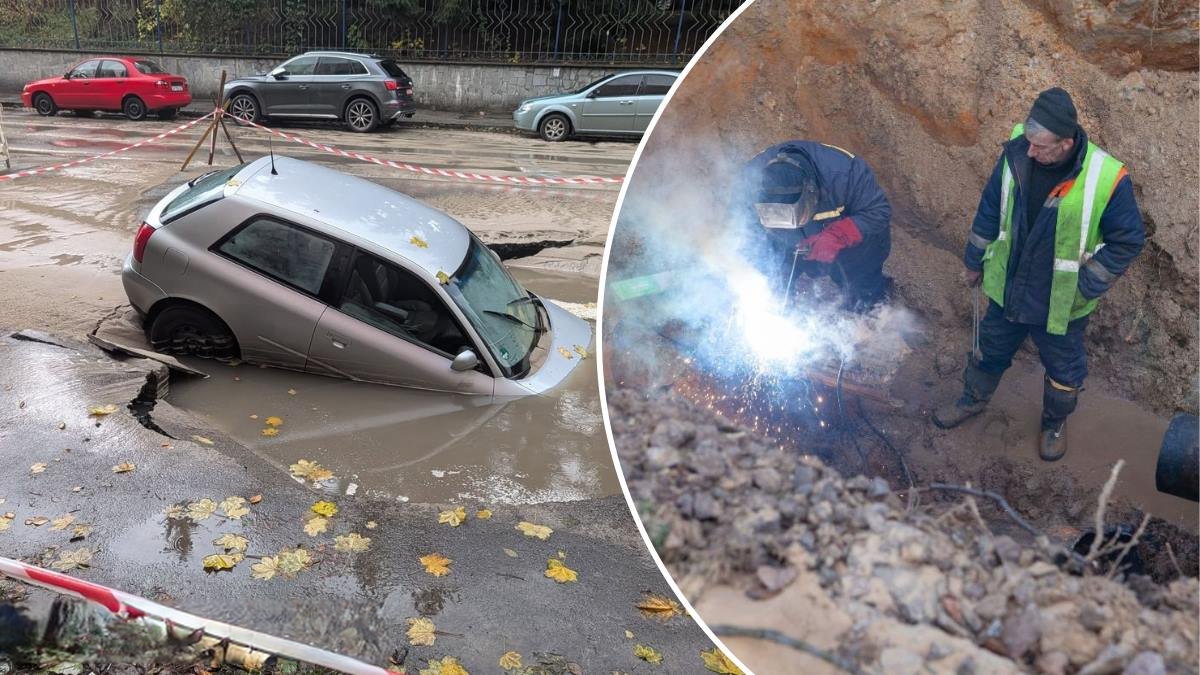 У Києві на вулиці Голосіївській автівка провалилася в провалля